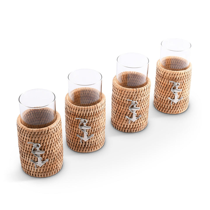 Anchor Drinking Glasses w Rattan Cover - Drinking Glasses - Rattan sleeves w anchor emblem - Coastal Compass Home Decor