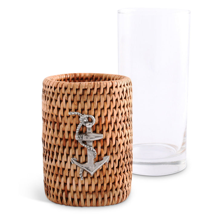 Anchor Drinking Glasses w Rattan Cover - Drinking Glasses - Rattan sleeves w anchor emblem - Coastal Compass Home Decor