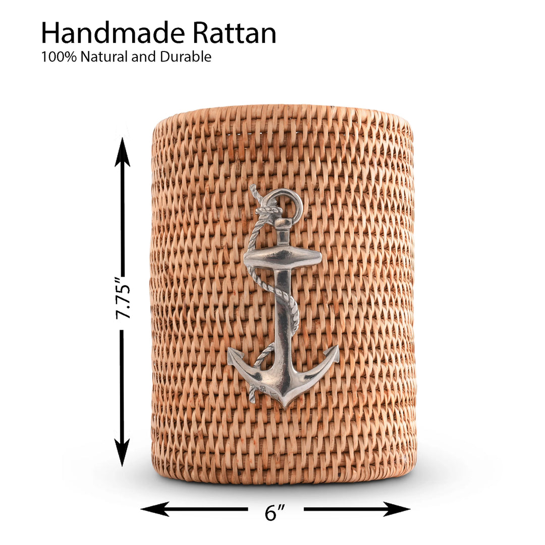 Hand Woven Rattan Anchor Utensil Holder - Rattan - Pewter Anchor - Coastal Compass Home Decor