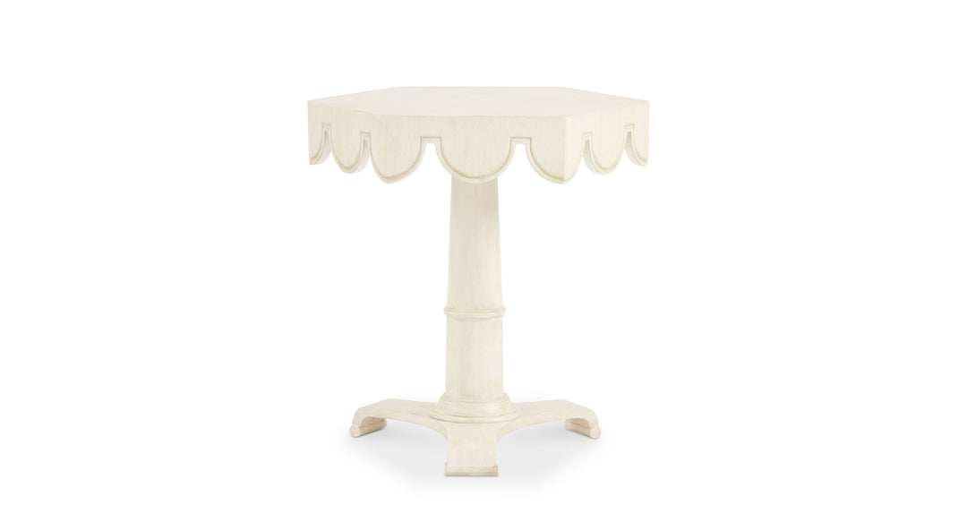 White scalloped table. Coastal compass home decor