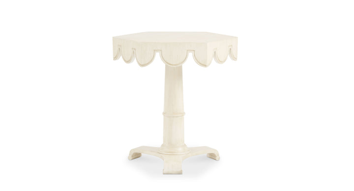 White scalloped table. Coastal compass home decor