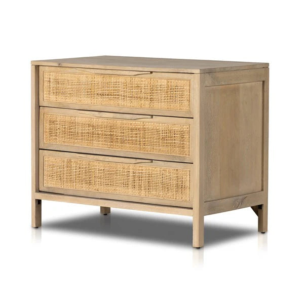Annie 3-Drawer Nightstand - Mango Wood - Cane Drawer Fronts - Natural Wood Finish - Coastal Compass Home Decor