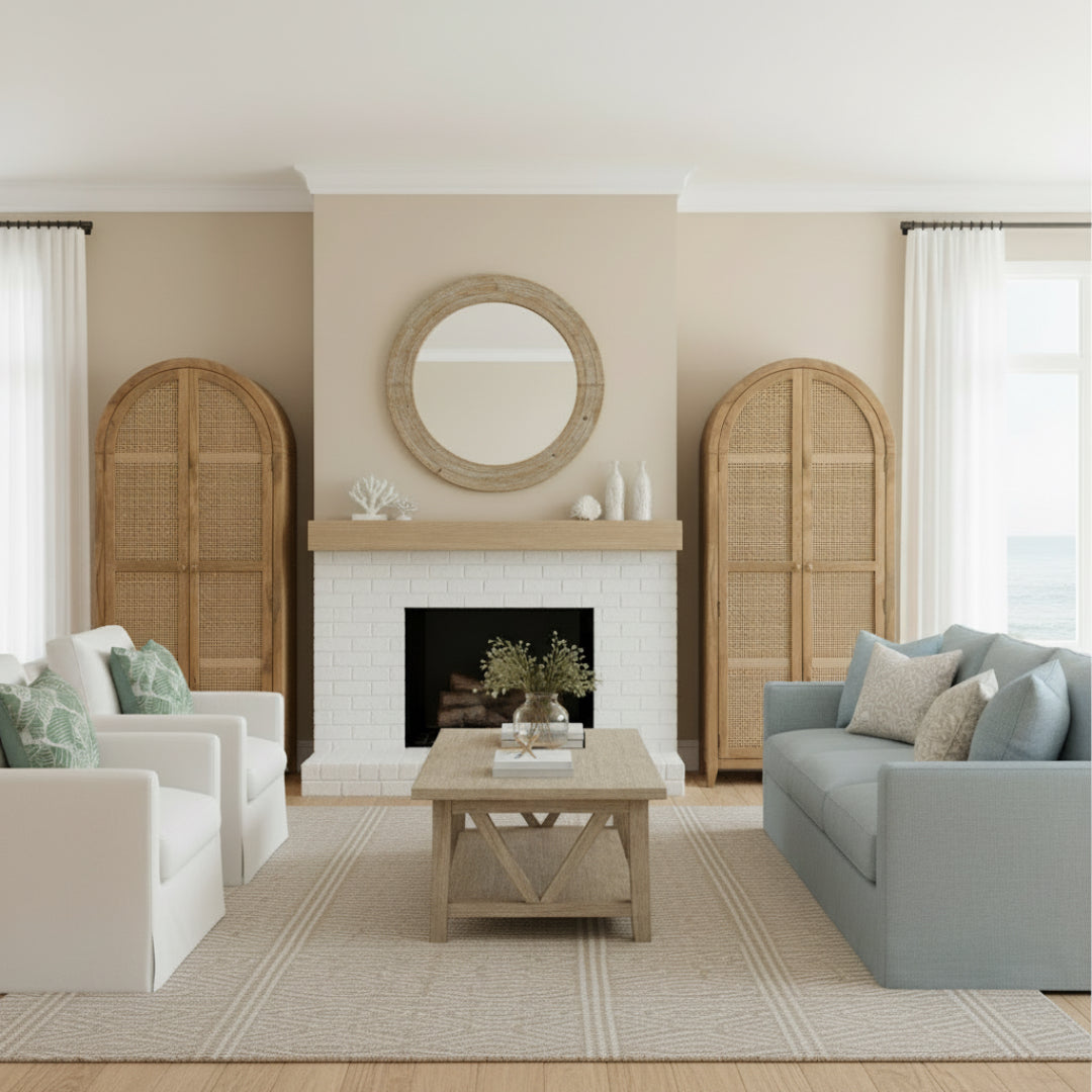 Arched Rattan Cabinet - Solid Wood Storage with Natural Elegance