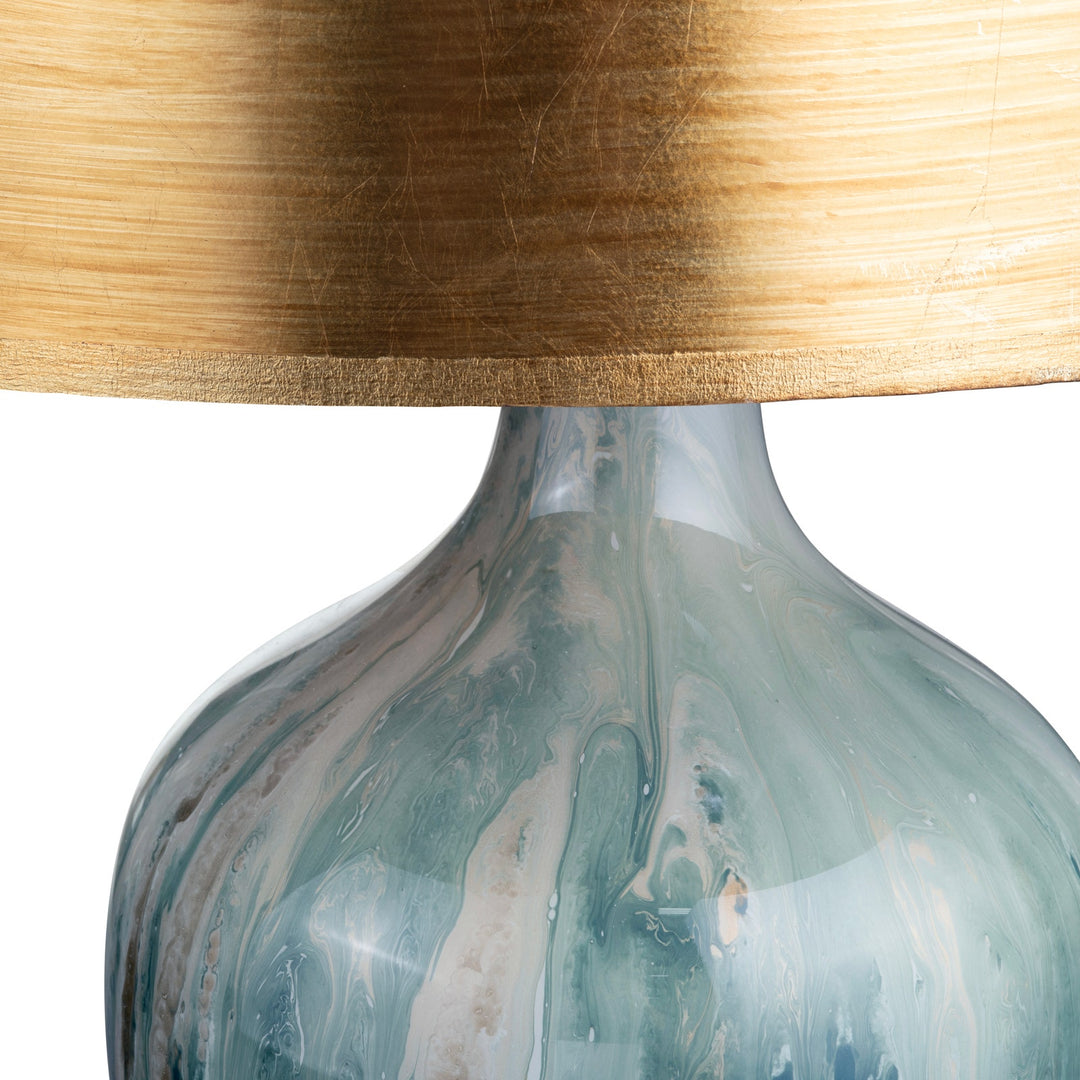 Aurelia Ocean Glass Lamp with gold drum shade and blue marbled glass base detail
