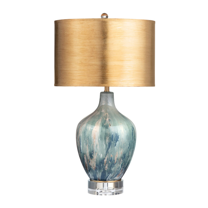 Aurelia Ocean Glass Table Lamp with blue art glass base and gold drum shade on white background