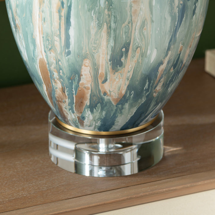 Aurelia Ocean Glass Lamp base with blue and seafoam marbled glass and crystal pedistal