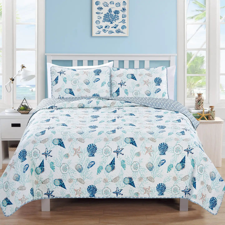 Bali Blue Reversible Quilt Set Coral Color - Coastal Compass Home Decor