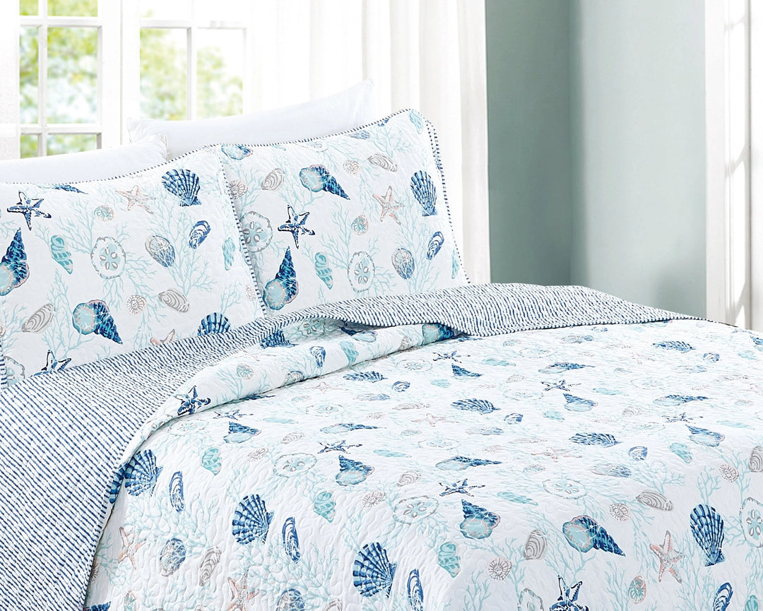 Bali Blue Reversible Quilt Set Coral - Coastal Compass Home Decor