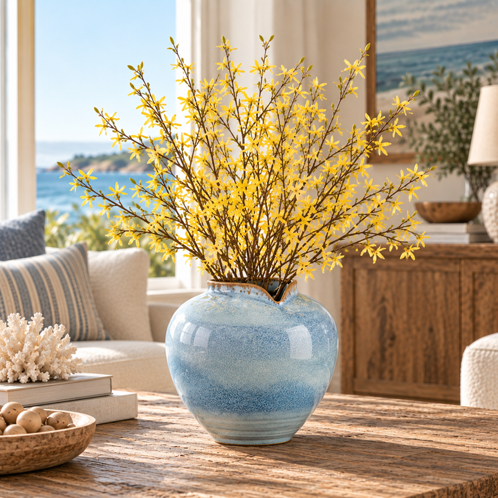 A round blue ceramic vase filled with yellow flowering branches, placed on a wooden table in a bright living room with a window view of the ocean.
