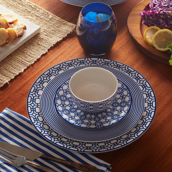 Bandon Geometric Dinnerware Set - Garden Gate Dinner Plate - Stripe Salad Plate - Garden Gate Canape Plate  Garden Gate Bowl - Blue & White Geometric Design - Coastal Compass Home Decor