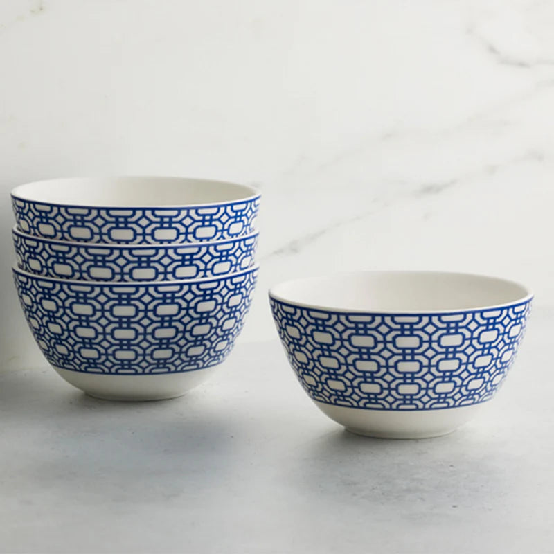 Bandon Garden Gate Tall Cereal Bowl - Blue & White geometric pattern - Coastal Compass home Decor