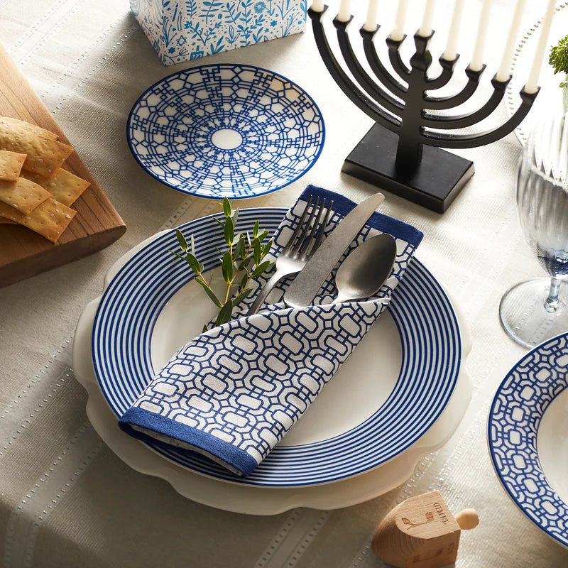Bandon Stripe Dinner Plate - Bandon Garden Gate Canape plate - bandon garden gate napkin - blue & white geometric pattern - blue & white stripe pattern - coastal compass home decor