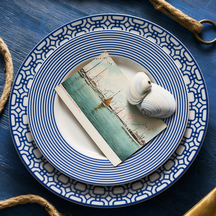 Bandon Stripe Salad Plate - Bandon Garden Gate Dinner Plate - Blue & White Design - Coastal Compass Home Decor