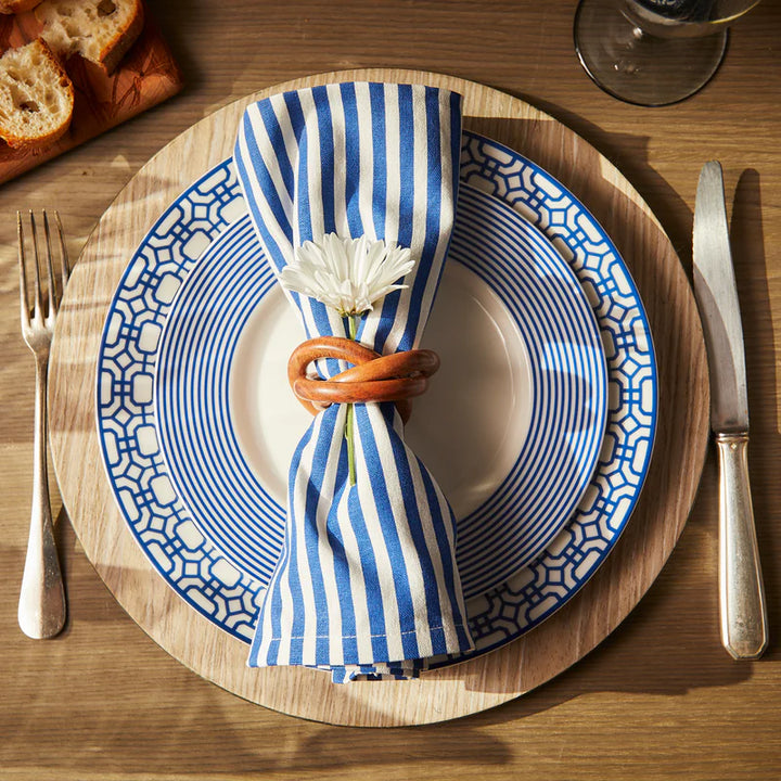 Bandon Geometric Plate Setting - Garden Gate Dinner Plate - Stripe Salad Plate - Blue & White Design - Coastal Compass Home Decor