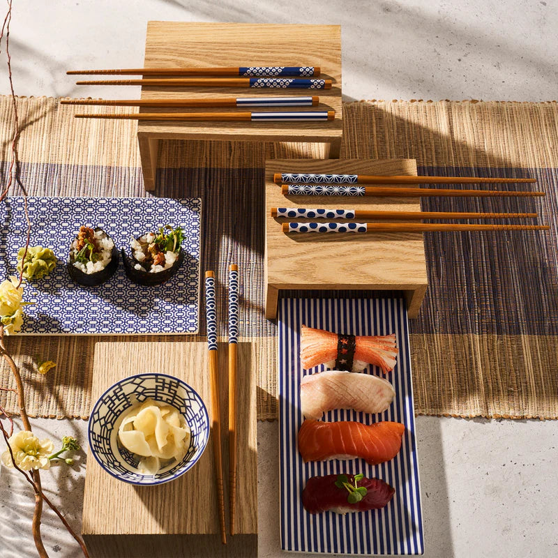 Bandon Stripe Sushi Tray - Set/2 - Sushi Trays Geometric Design - Blue & White Design - Coastal Compass Home Decor