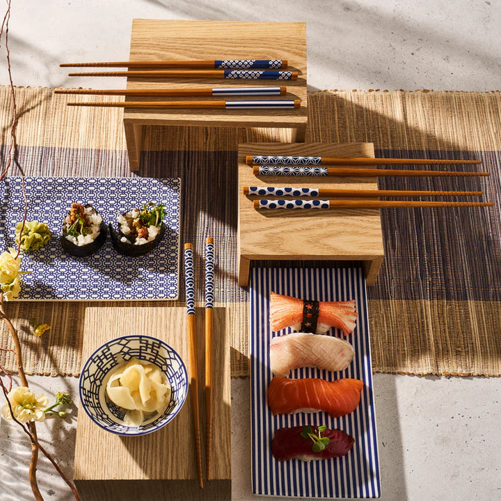 Bandon Stripe Sushi Tray - Set/2 - Sushi Trays Geometric Design - Blue & White Design - Coastal Compass Home Decor