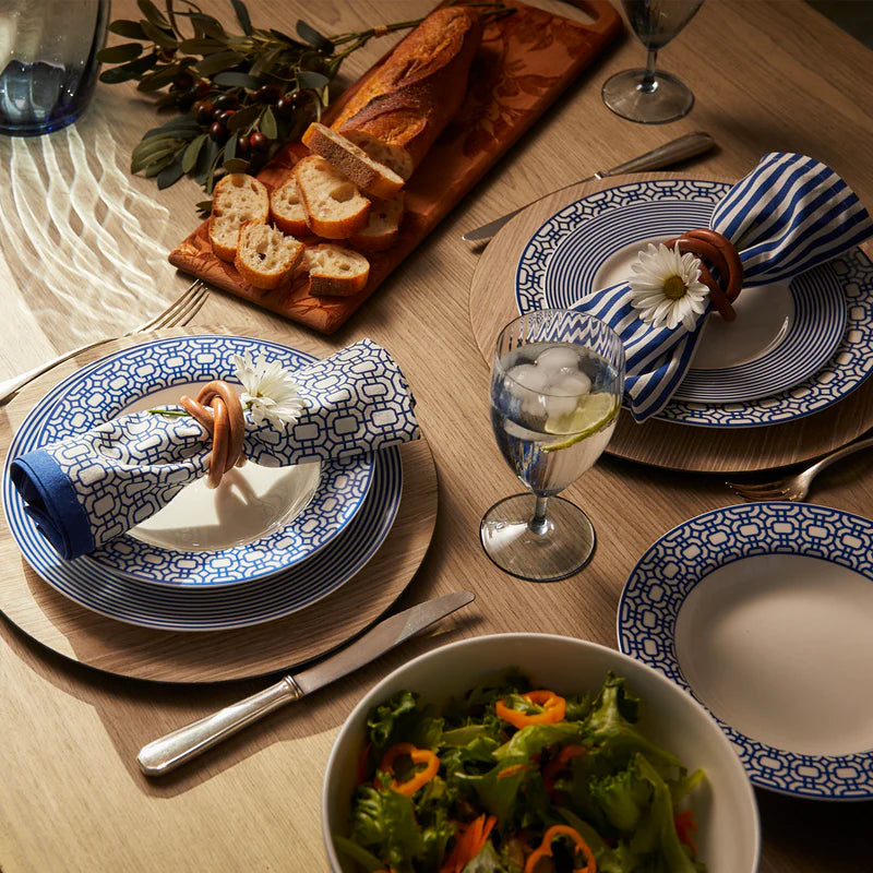 Bandon Garden Gate & Stripe Tableware - Dinner plates  salad plates & Napkins - Blue & White geometric design - Blue & White stripe design - Coastal Compass Home Decor