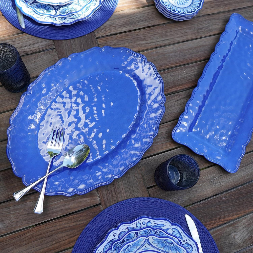 Beach Blue Serve Ware - Oval Platter - Rectangular Platter - Solid Blue - Crackle finish - Scalloped edges - Coastal Compass Home Decor