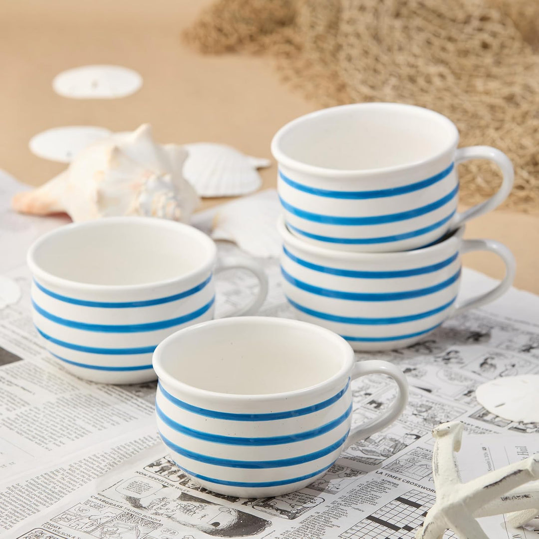 Ocean Side Blue Jumbo Chowder Bowls - Blue Striped Bowls - Coastal Compass Home Decor