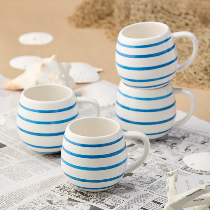 Ocean Side Blue Mug Set - Blue stripes on white - Coastal Compass Home Decor
