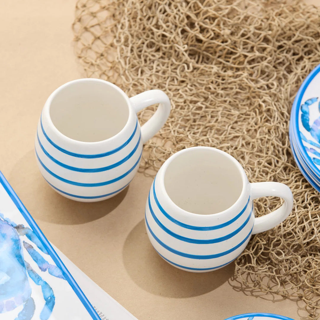 Ocean Side Blue Mug Set - Blue stripes on white - Coastal Compass Home Decor