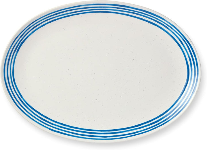 Ocean Side Blue Oval Platter - Blue Stripe Rim - Coastal Compass Home Decor