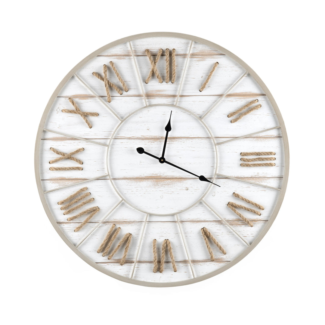 Beach Time Wall Clock - Woven Rope Numerals - Natural Wood - White wash Finish - Coastal Compass Home Decor