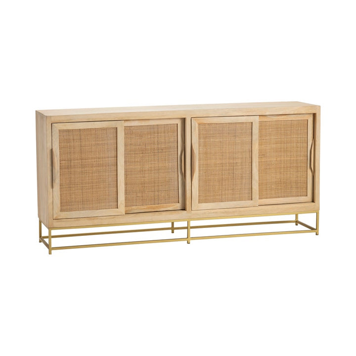 Bengal Natural Cane Sideboard - Mango wood with rattan doors - Gold Base Hardware - Sliding doors - Coastal Compass Home Decor