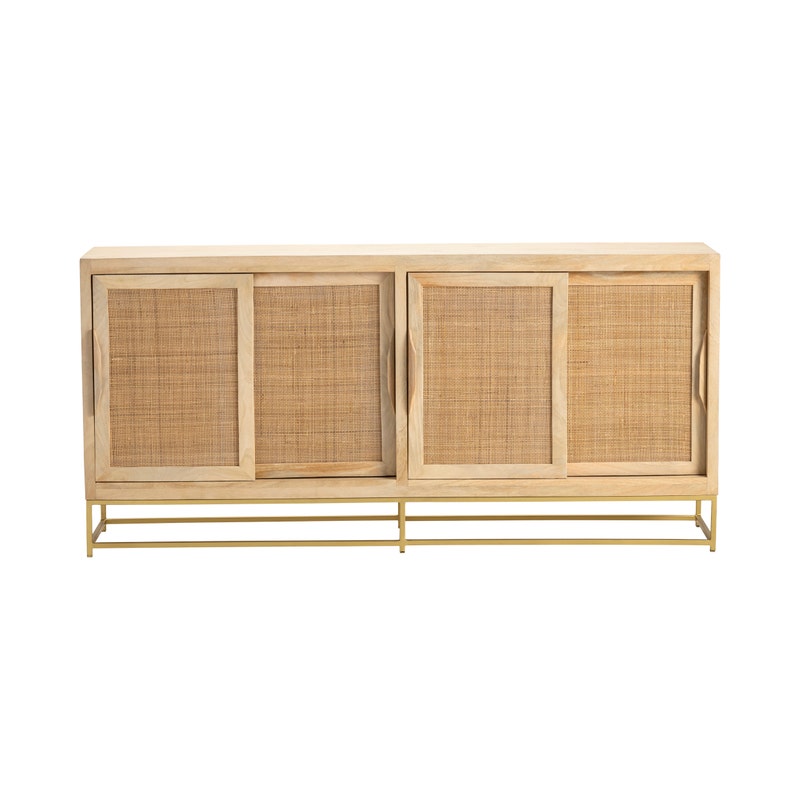 Bengal Natural Cane Sideboard - Mango wood with rattan doors - Gold Base Hardware - Sliding doors - Coastal Compass Home Decor