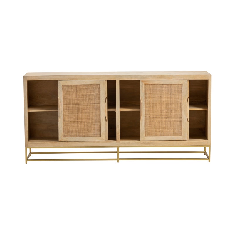 Bengal Natural Cane Sideboard - Mango wood with rattan doors - Gold Base Hardware - Sliding doors - Coastal Compass Home Decor