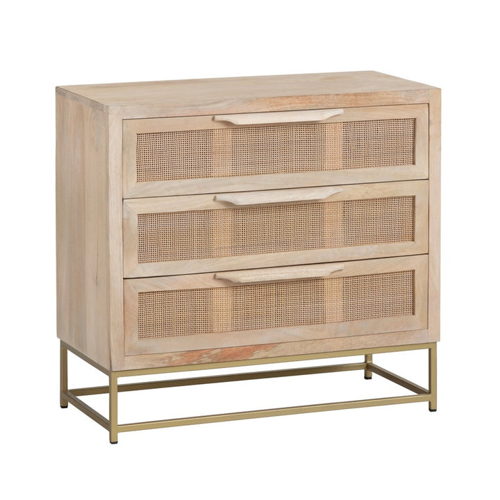 Bengal Natural Cane Chest - Natural Rattan Drawer Fronts - 3 drawers - Gold Base hardware - 4 legs - Coastal Compass home Decor