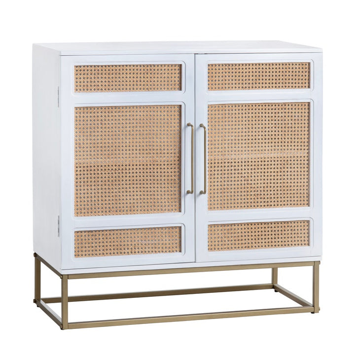 Bengal White & Cane Cabinet - White Finish with cane doors - Gold Hardware - 2 Doors - Coastal Compass Home Decor