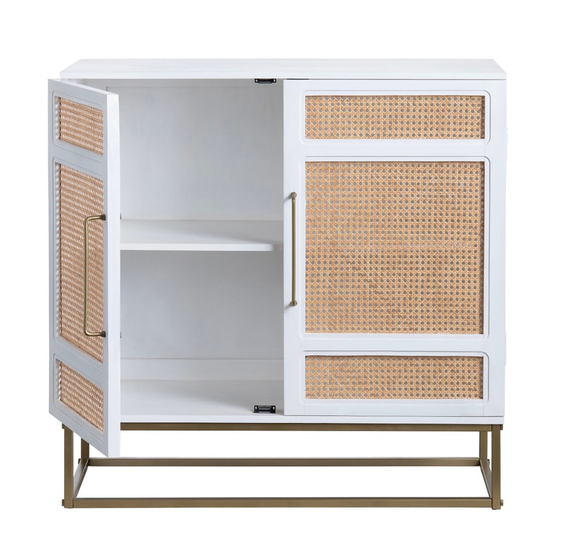 Bengal White & Cane Cabinet - White Finish with cane doors - Gold Hardware - 2 Doors - shelf inside - Coastal Compass Home Decor