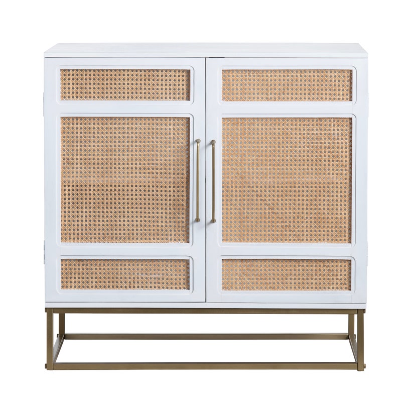 Bengal White & Cane Cabinet - White Finish with cane doors - Gold Hardware - 2 Doors - Coastal Compass Home Decor