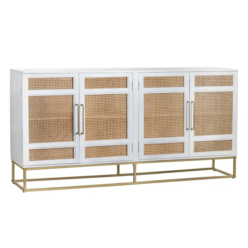 Bengal White & Cane Sideboard - White Finish with gold hardware & cane door fronts - 4 doors - Coastal Compass Home Decor