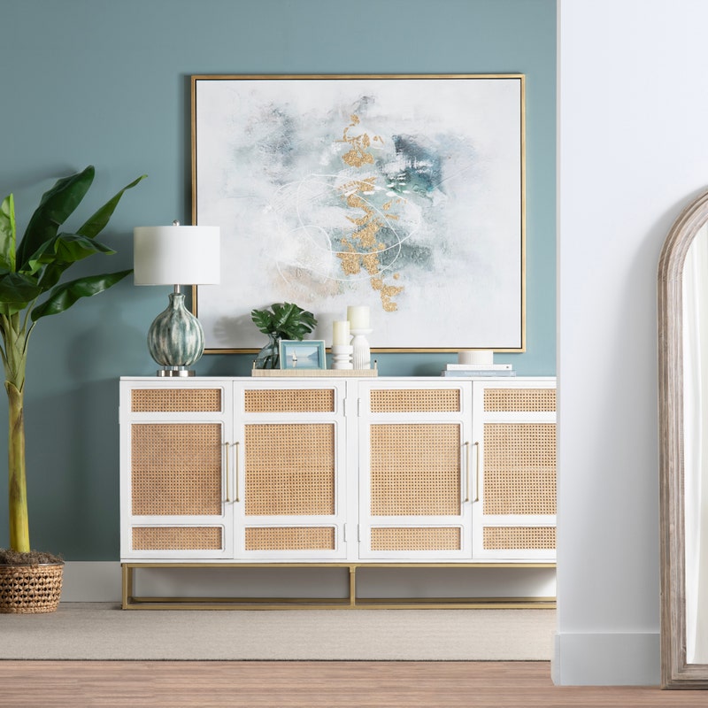 Bengal White & Cane Sideboard - White Finish with gold hardware & cane door fronts - 4 doors - Coastal Compass Home Decor