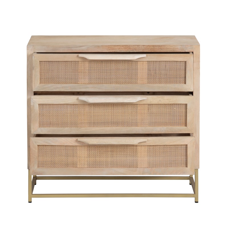 Bengal Natural Cane Chest - Natural Rattan Drawer Fronts - 3 drawers - Gold Base hardware - 4 legs - Coastal Compass home Decor