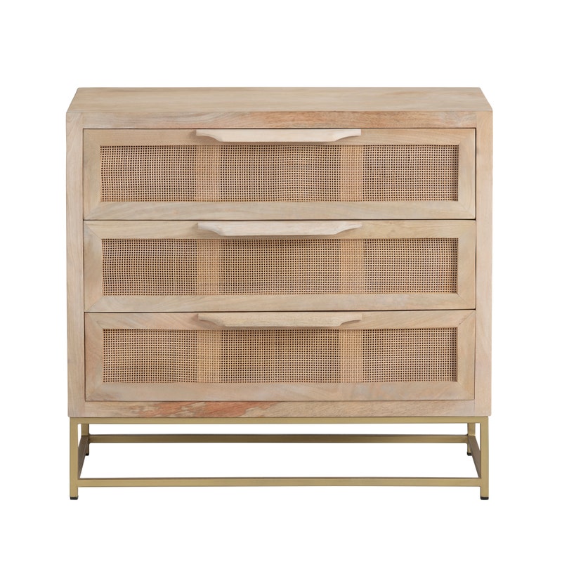 Bengal Natural Cane Chest - Natural Rattan Drawer Fronts - 3 drawers - Gold Base hardware - 4 legs - Natural Mango wood - Coastal Compass home Decor