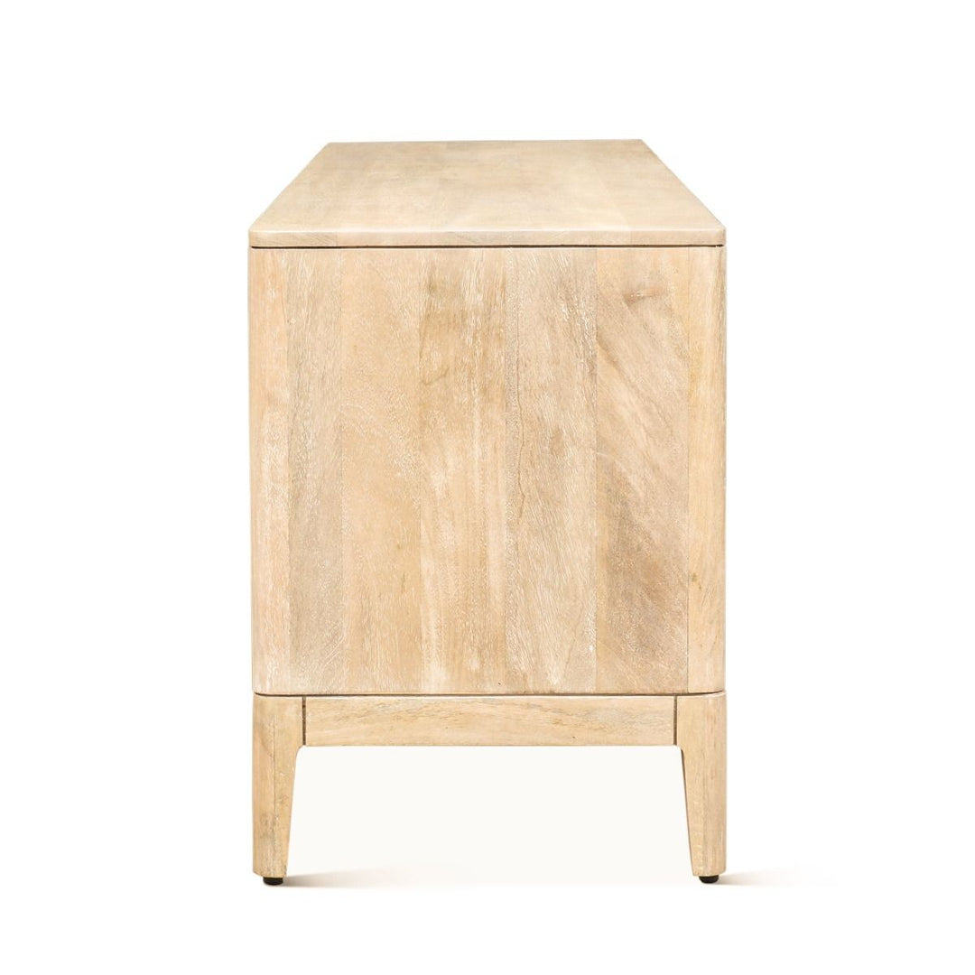 Blanca Mango Wood Media Cabinet - Natural white wood finish - Cane front doors - Coastal Compass home Decor