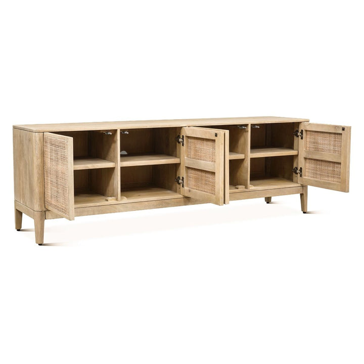 Blanca Mango Wood Media Cabinet - Natural white wood finish - Cane front doors - shelves inside - Coastal Compass home Decor