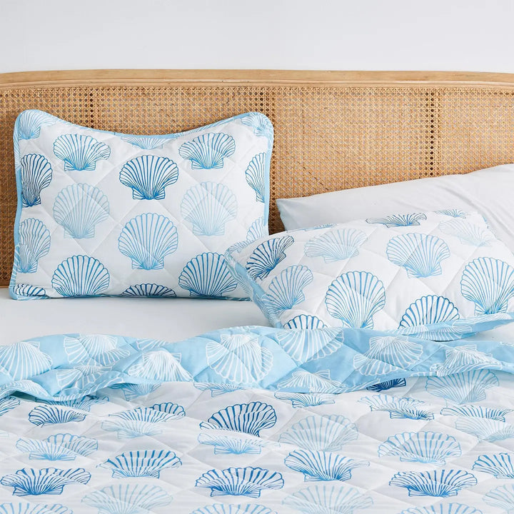 Blue Cockle Shell Reversible Quilt & Shams - Coastal Compass Home Decor