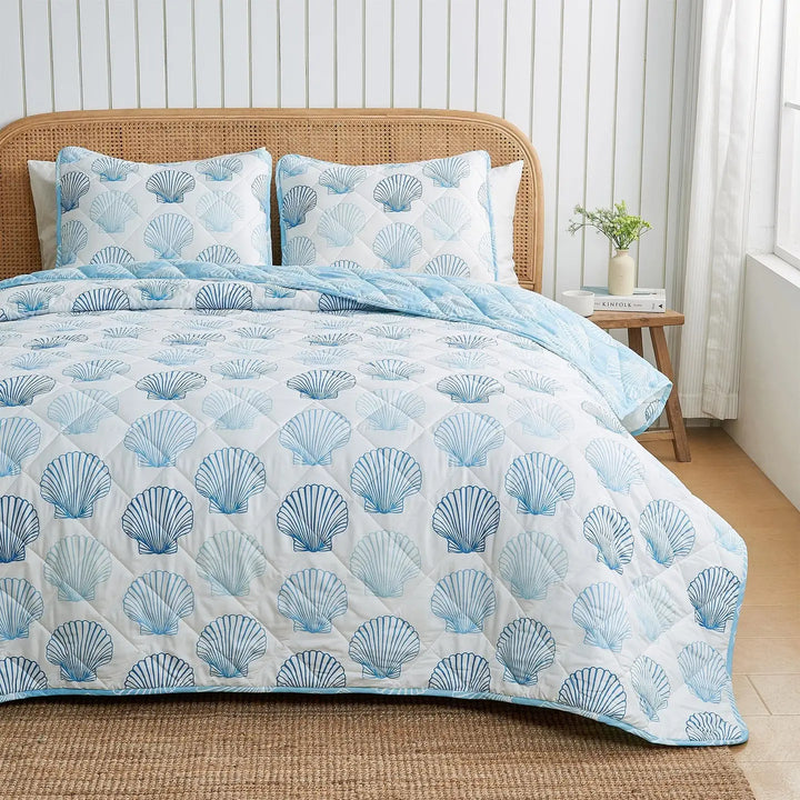 Blue Cockle Shell Reversible Quilt Set - Coastal Compass Home Decor