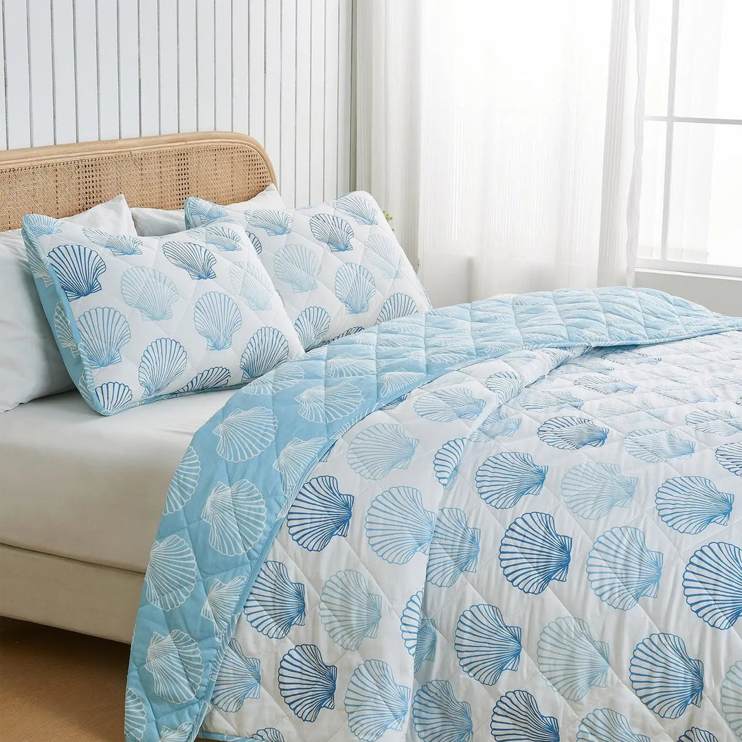 Blue Cockle Shell Reversible Quilt Set - Coastal Compass Home Decor