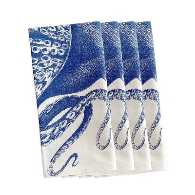 Blue Lucia Dinner Napkin Set - Blue Lucia Octopus on White - 4 Napkins - 22" x 22"  Coastal Compass Home Decor