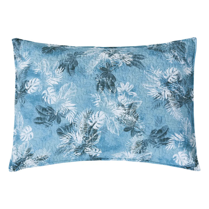 Blue Palms Reversible Quilt Set - Quilted Sham - Tropical Leaves on Blue - Coastal Compass Home Decor