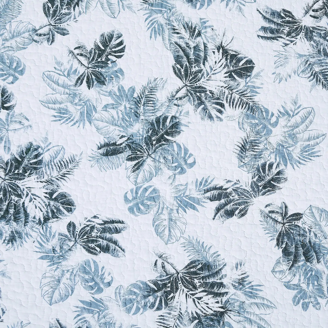 Blue Palms Reversible Quilt Set - Blue Leaves on White Reverse Print - Coastal Compass Home Decor