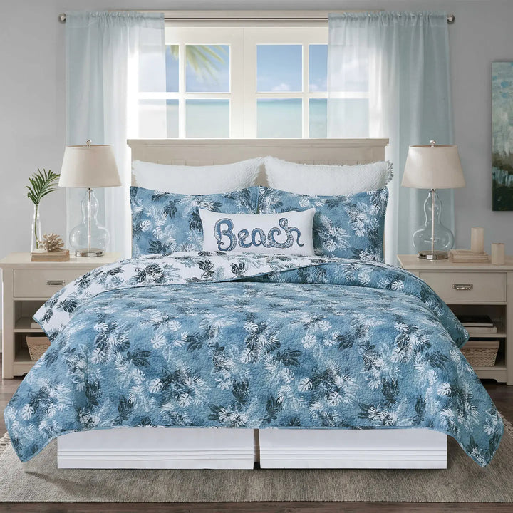 Blue Palms Reversible Quilt Set - Blue & White Tropical Leaves - Blue on White Reverse - 2 Shams Included - Coastal Compass Home Decor