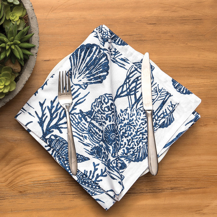 Blue Reef Napkin - Sea shells, starfish, seahorses, fish, coral - Navy & White - Coastal Compass Home Decor