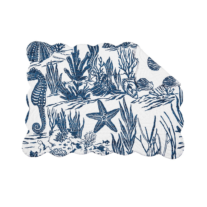 Blue Reef Placemat - Sea shells, starfish, seahorses, fish, coral - Navy & White - Coastal Compass Home Decor