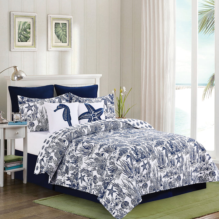 Blue Reef Reversible Quilt Set - Navy Blue & White  Seahorses, Starfish, Seashells, plant life, coral - Seashell Reverse - Coastal Compass Home Decor